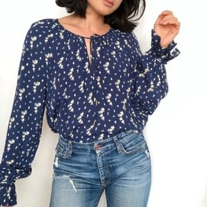 L'Acadamie Floral Peasant Blouse Navy/White Sz M